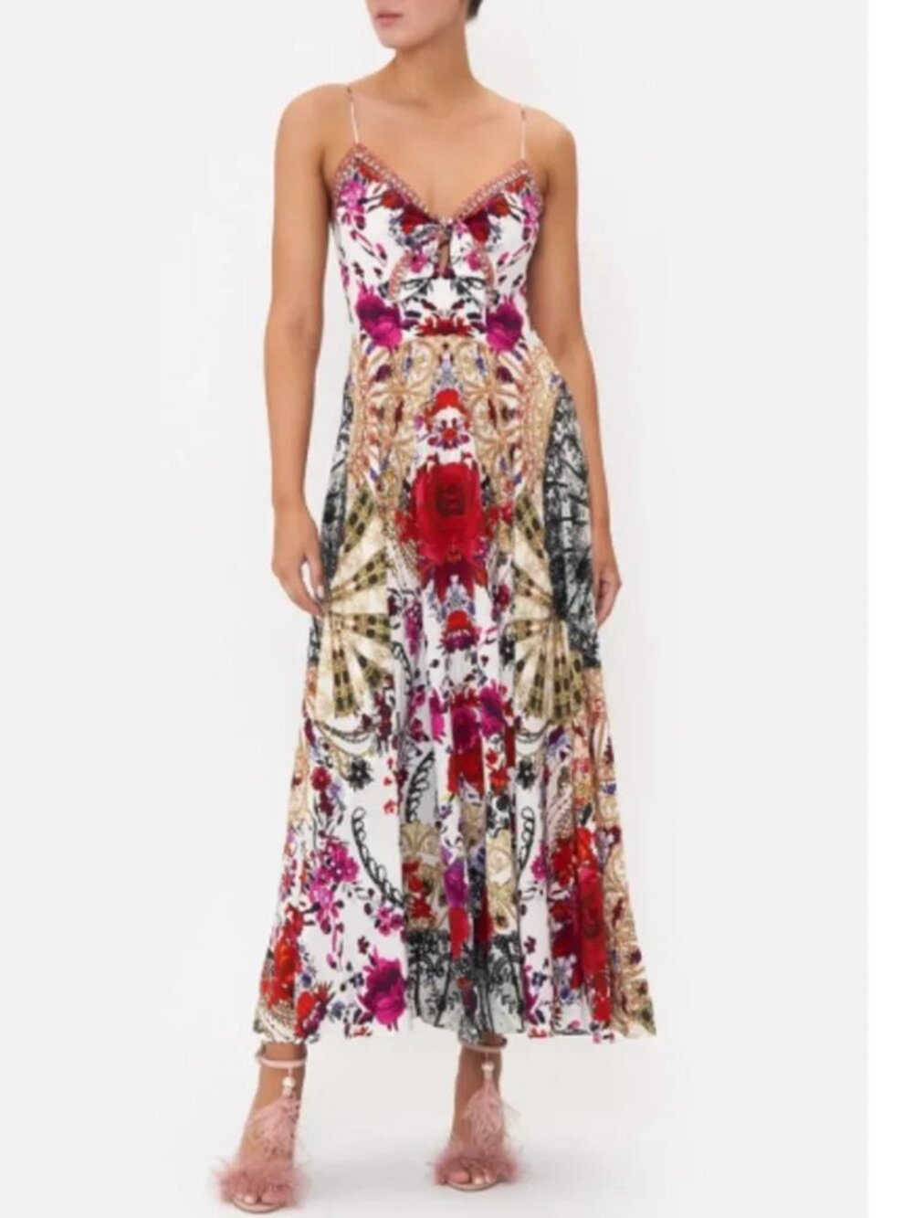 CAMILLA Reign of Roses Tie Front Long Silk Beaded Floral Print Dress XS